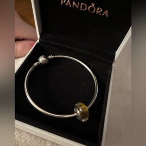 Pandora Moments silver bangle with Tiger’s Eye charm